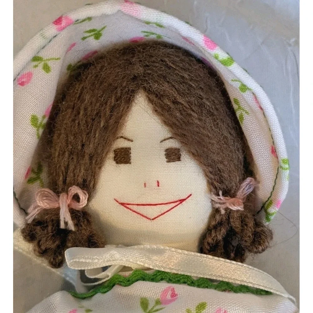 70s Cloth Doll Handmade Yarn Hair Embroidered Rag Country Signed Cottagecore 13